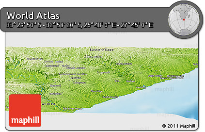 Physical Panoramic Map of the Area around 33° 14' 5" S, 27° 16' 29" E