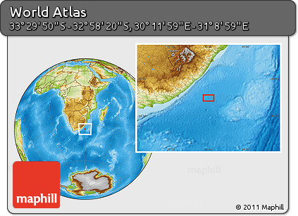 Physical Location Map of the Area around 33° 14' 5" S, 30° 40' 29" E