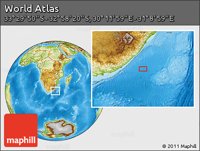 Physical Location Map of the Area around 33° 14' 5" S, 30° 40' 29" E