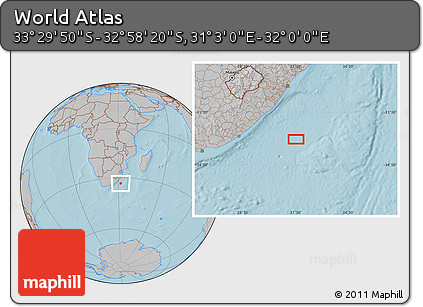 Gray Location Map of the Area around 33° 14' 5" S, 31° 31' 29" E, hill shading