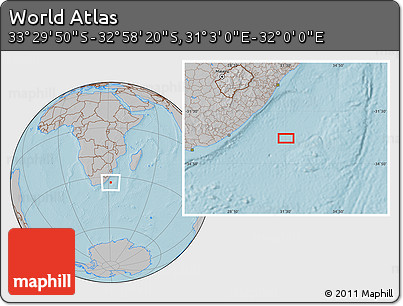 Gray Location Map of the Area around 33° 14' 5" S, 31° 31' 29" E, hill shading