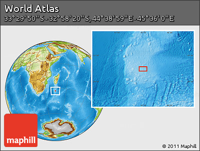 Physical Location Map of the Area around 33° 14' 5" S, 45° 7' 30" E