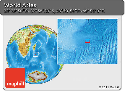 Physical Location Map of the Area around 33° 14' 5" S, 49° 22' 30" E