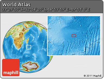 Physical Location Map of the Area around 33° 14' 5" S, 49° 22' 30" E