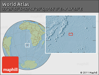 Savanna Style Location Map of the Area around 33° 14' 5" S, 4° 19' 30" E, hill shading
