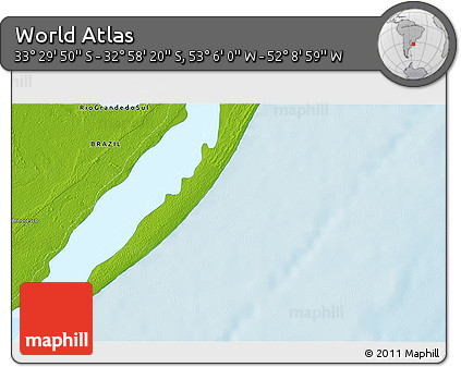 Physical 3D Map of the Area around 33° 14' 5" S, 52° 37' 30" W