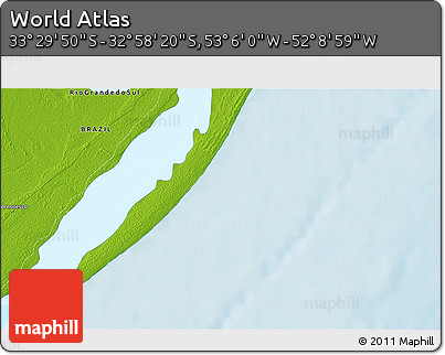 Physical 3D Map of the Area around 33° 14' 5" S, 52° 37' 30" W