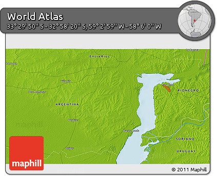 Physical 3D Map of the Area around 33° 14' 5" S, 58° 34' 30" W