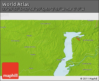 Physical 3D Map of the Area around 33° 14' 5" S, 58° 34' 30" W