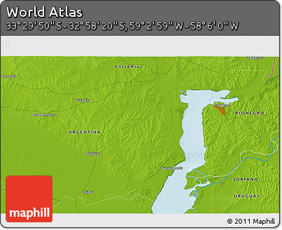 Physical 3D Map of the Area around 33° 14' 5" S, 58° 34' 30" W