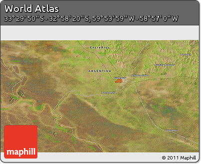 Satellite 3D Map of the Area around 33° 14' 5" S, 59° 25' 29" W