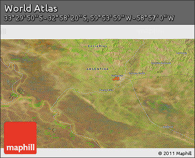 Satellite 3D Map of the Area around 33° 14' 5" S, 59° 25' 29" W
