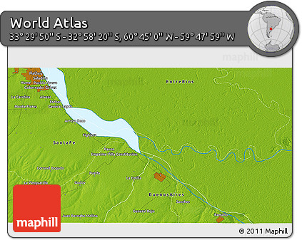 Physical 3D Map of the Area around 33° 14' 5" S, 60° 16' 29" W