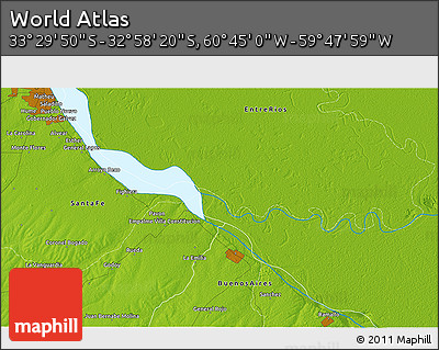 Physical 3D Map of the Area around 33° 14' 5" S, 60° 16' 29" W