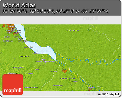 Physical 3D Map of the Area around 33° 14' 5" S, 60° 16' 29" W