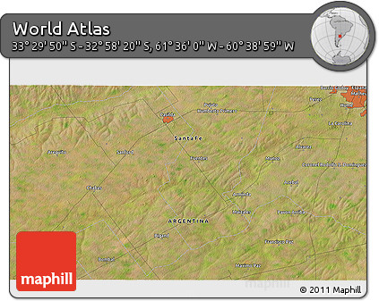 Satellite 3D Map of the Area around 33° 14' 5" S, 61° 7' 30" W