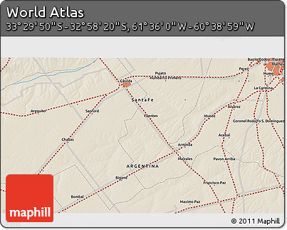 Shaded Relief 3D Map of the Area around 33° 14' 5" S, 61° 7' 30" W