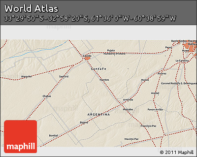 Shaded Relief 3D Map of the Area around 33° 14' 5" S, 61° 7' 30" W