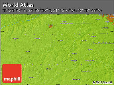 Physical Map of the Area around 33° 14' 5" S, 61° 7' 30" W
