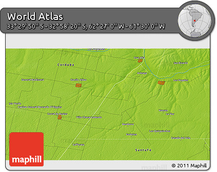 Physical 3D Map of the Area around 33° 14' 5" S, 61° 58' 30" W