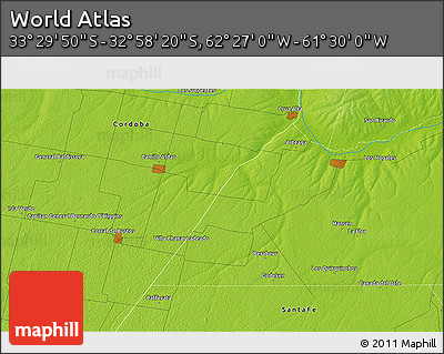 Physical 3D Map of the Area around 33° 14' 5" S, 61° 58' 30" W