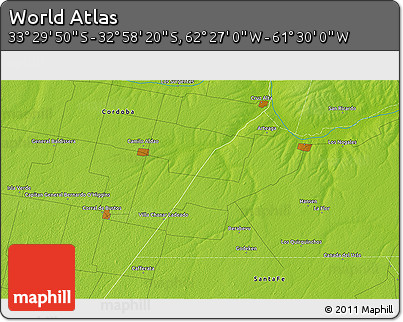 Physical 3D Map of the Area around 33° 14' 5" S, 61° 58' 30" W