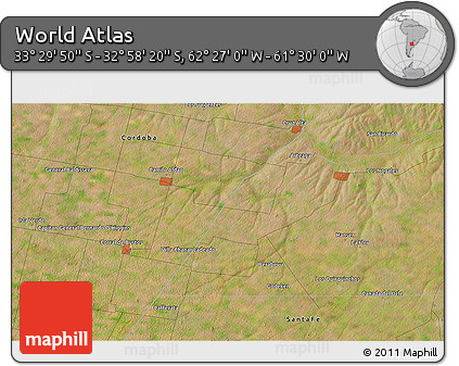Satellite 3D Map of the Area around 33° 14' 5" S, 61° 58' 30" W