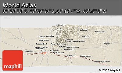 Shaded Relief Panoramic Map of the Area around 33° 14' 5" S, 66° 13' 29" W