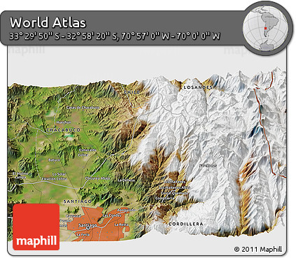 Satellite 3D Map of the Area around 33° 14' 5" S, 70° 28' 29" W