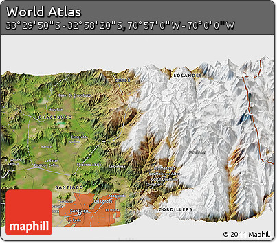 Satellite 3D Map of the Area around 33° 14' 5" S, 70° 28' 29" W