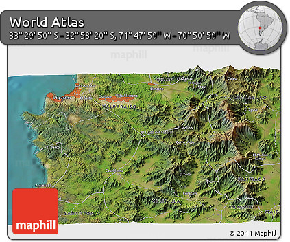 Satellite 3D Map of the Area around 33° 14' 5" S, 71° 19' 29" W