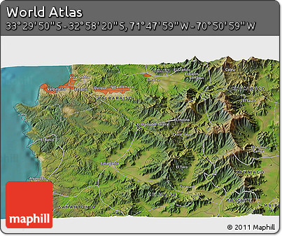Satellite 3D Map of the Area around 33° 14' 5" S, 71° 19' 29" W