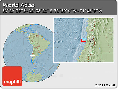 Savanna Style Location Map of the Area around 33° 14' 5" S, 72° 10' 30" W, hill shading