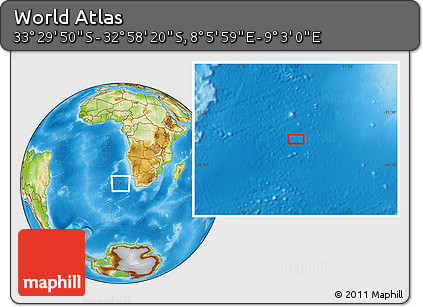 Physical Location Map of the Area around 33° 14' 5" S, 8° 34' 29" E