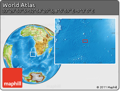 Physical Location Map of the Area around 33° 14' 5" S, 8° 34' 29" E