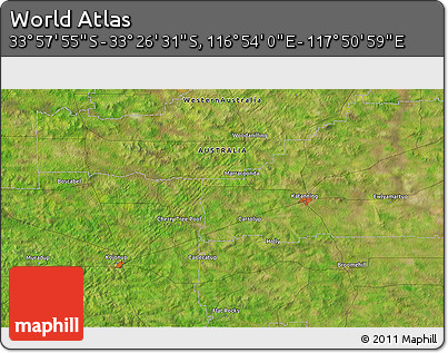 Satellite 3D Map of the Area around 33° 42' 13" S, 117° 22' 30" E