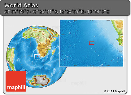 Physical Location Map of the Area around 33° 42' 13" S, 12° 49' 29" E