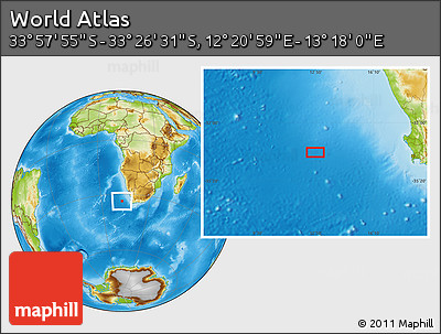 Physical Location Map of the Area around 33° 42' 13" S, 12° 49' 29" E