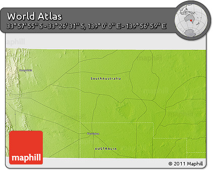 Physical 3D Map of the Area around 33° 42' 13" S, 139° 28' 29" E