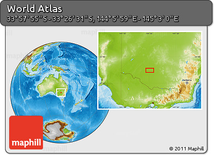 Physical Location Map of the Area around 33° 42' 13" S, 144° 34' 29" E