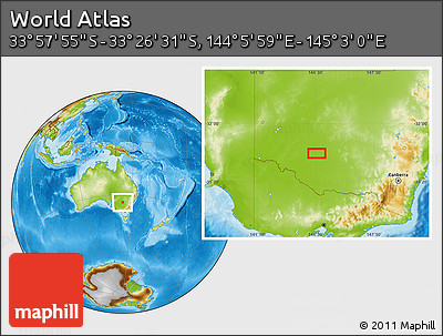 Physical Location Map of the Area around 33° 42' 13" S, 144° 34' 29" E