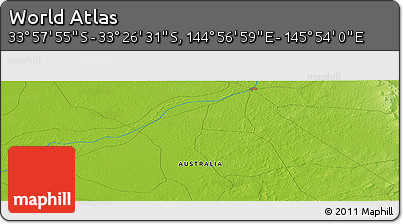 Physical Panoramic Map of the Area around 33° 42' 13" S, 145° 25' 30" E