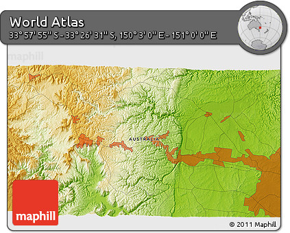 Physical 3D Map of the Area around 33° 42' 13" S, 150° 31' 30" E