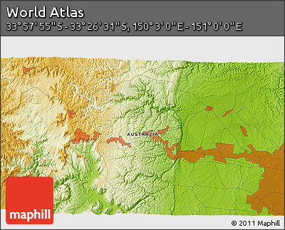 Physical 3D Map of the Area around 33° 42' 13" S, 150° 31' 30" E
