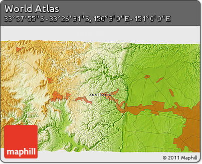 Physical 3D Map of the Area around 33° 42' 13" S, 150° 31' 30" E