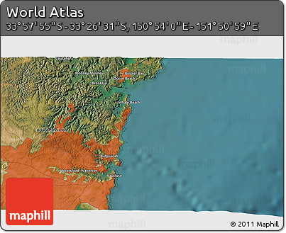 Satellite 3D Map of the Area around 33° 42' 13" S, 151° 22' 30" E