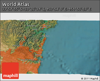 Satellite 3D Map of the Area around 33° 42' 13" S, 151° 22' 30" E