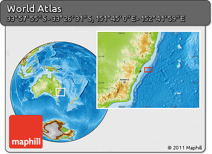 Physical Location Map of the Area around 33° 42' 13" S, 152° 13' 29" E