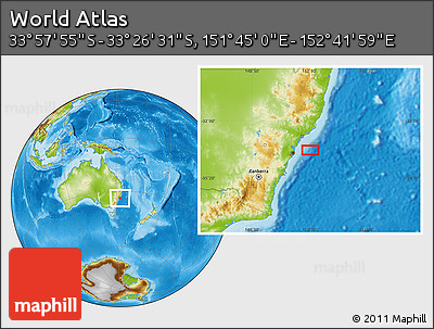 Physical Location Map of the Area around 33° 42' 13" S, 152° 13' 29" E