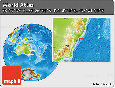 Physical Location Map of the Area around 33° 42' 13" S, 152° 13' 29" E